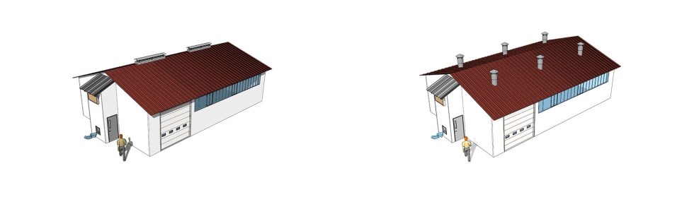 Esquema 1. Dos modelos de salas nodrizas con un sistema de impulsión de aire atemperado y ventilación vertical por caballetes o chimeneas. La flecha azul indica la entrada del aire limpio y frío del exterior a la presala de atemperado.